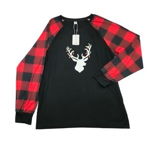 SWOMOG Mens Black Red Buffalo Plaid Reindeer Christmas Long Sleeve Shirt Size M